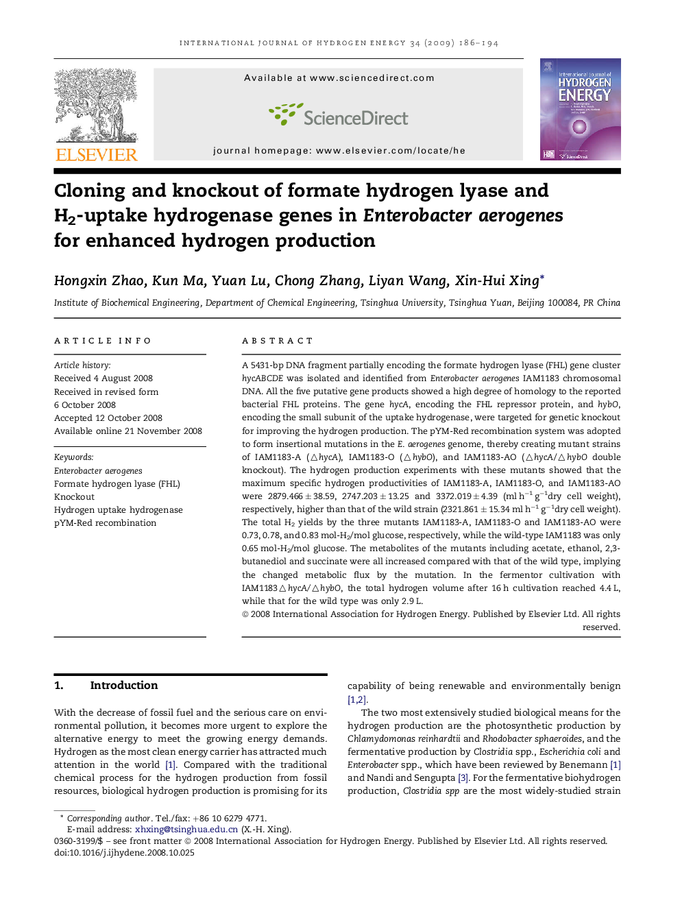 Cloning and knockout of formate hydrogen lyase and H2-uptake hydrogenase genes in Enterobacter aerogenes for enhanced hydrogen production