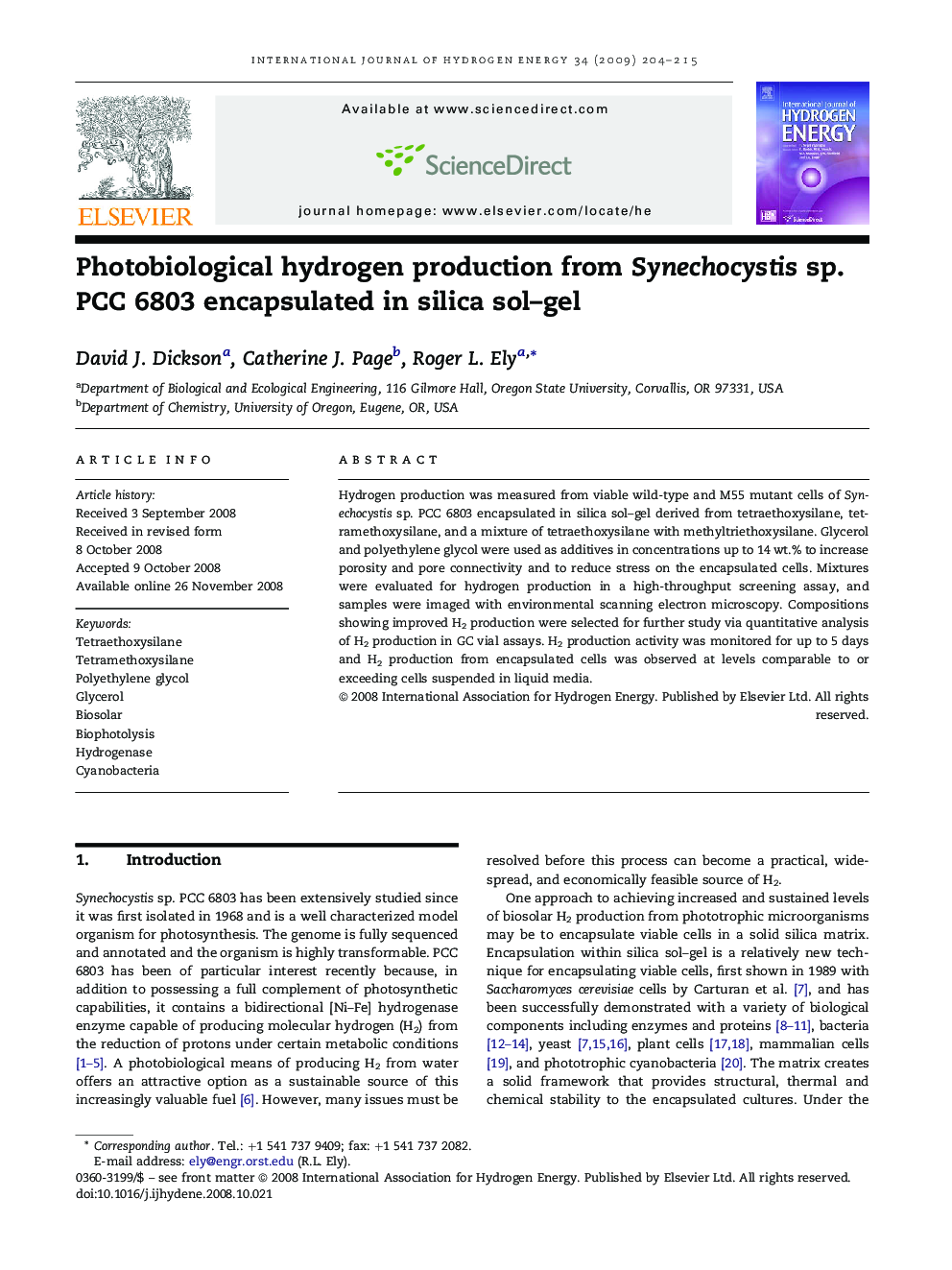 Photobiological hydrogen production from Synechocystis sp. PCC 6803 encapsulated in silica sol–gel