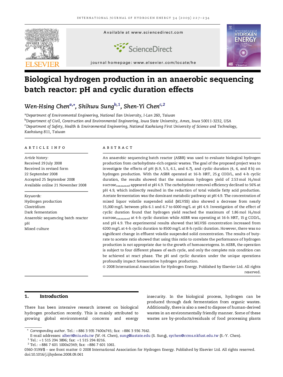 Biological hydrogen production in an anaerobic sequencing batch reactor: pH and cyclic duration effects