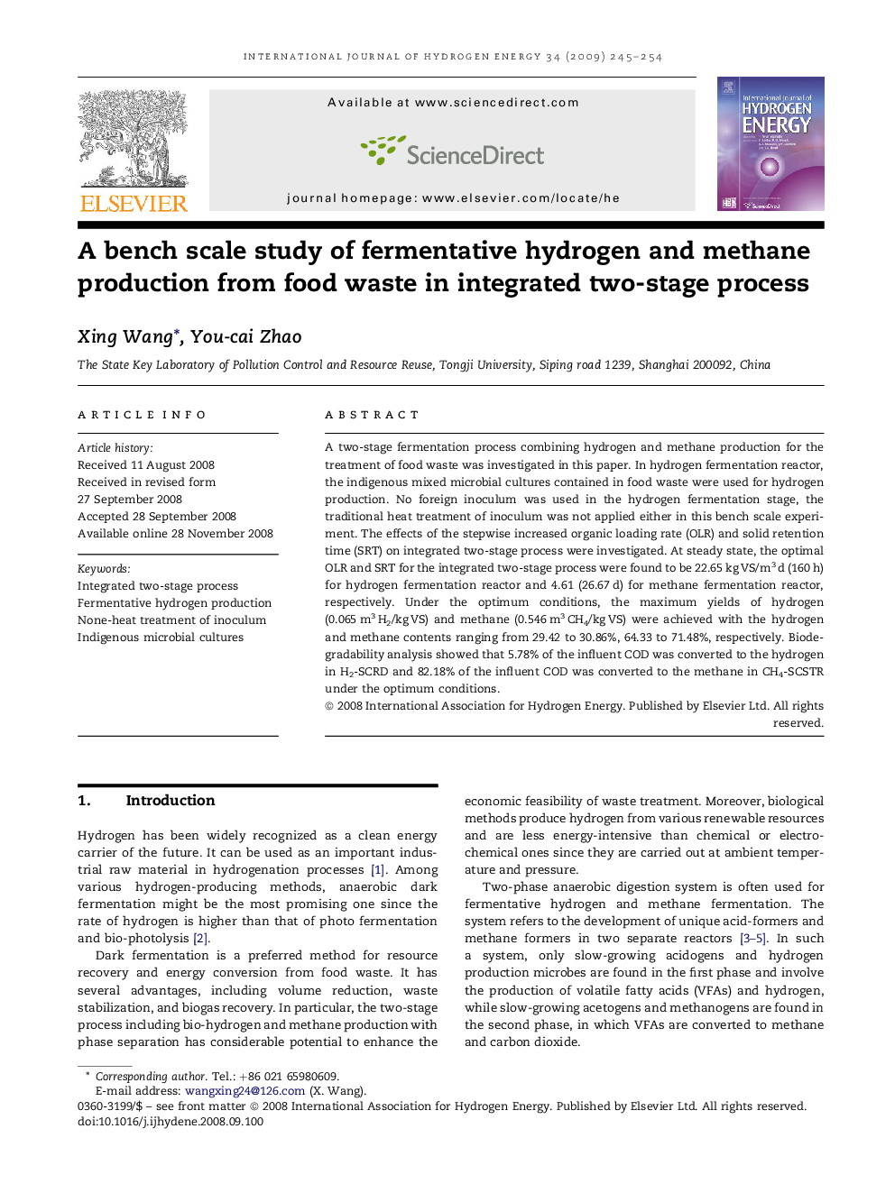 A bench scale study of fermentative hydrogen and methane production from food waste in integrated two-stage process