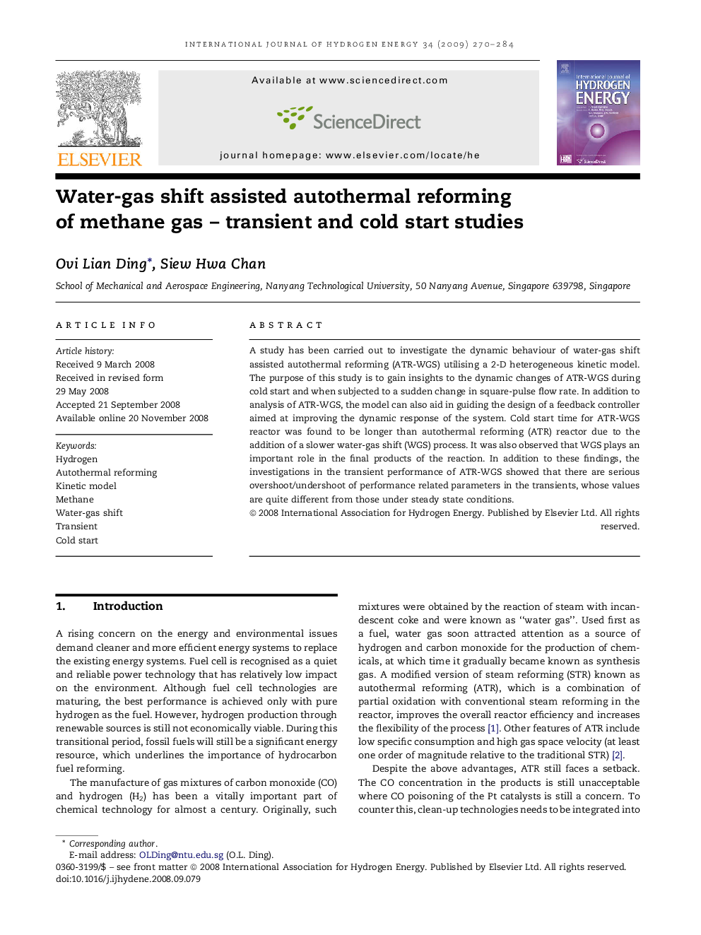 Water-gas shift assisted autothermal reforming of methane gas – transient and cold start studies