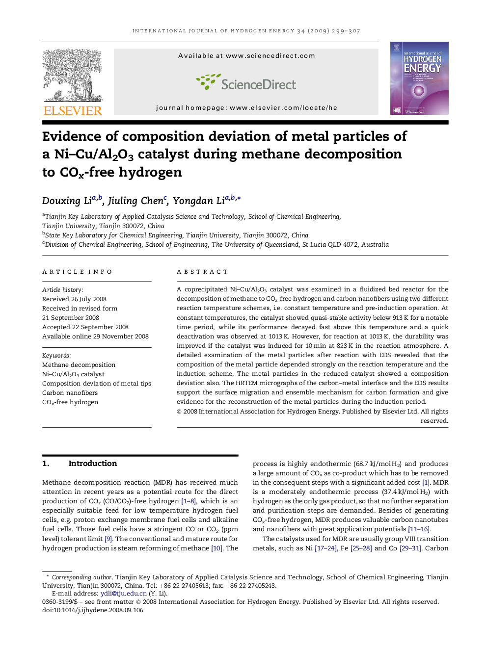 Evidence of composition deviation of metal particles of a Ni–Cu/Al2O3 catalyst during methane decomposition to COx-free hydrogen