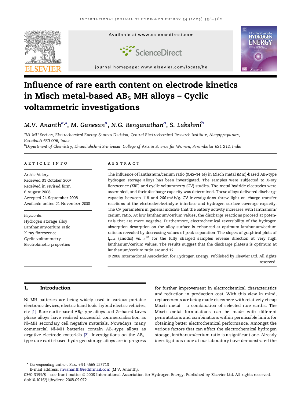 Influence of rare earth content on electrode kinetics in Misch metal-based AB5 MH alloys – Cyclic voltammetric investigations