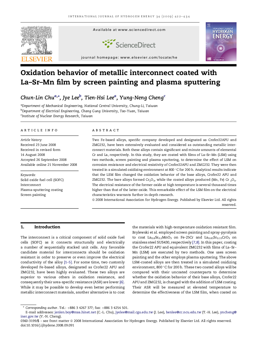 Oxidation behavior of metallic interconnect coated with La–Sr–Mn film by screen painting and plasma sputtering