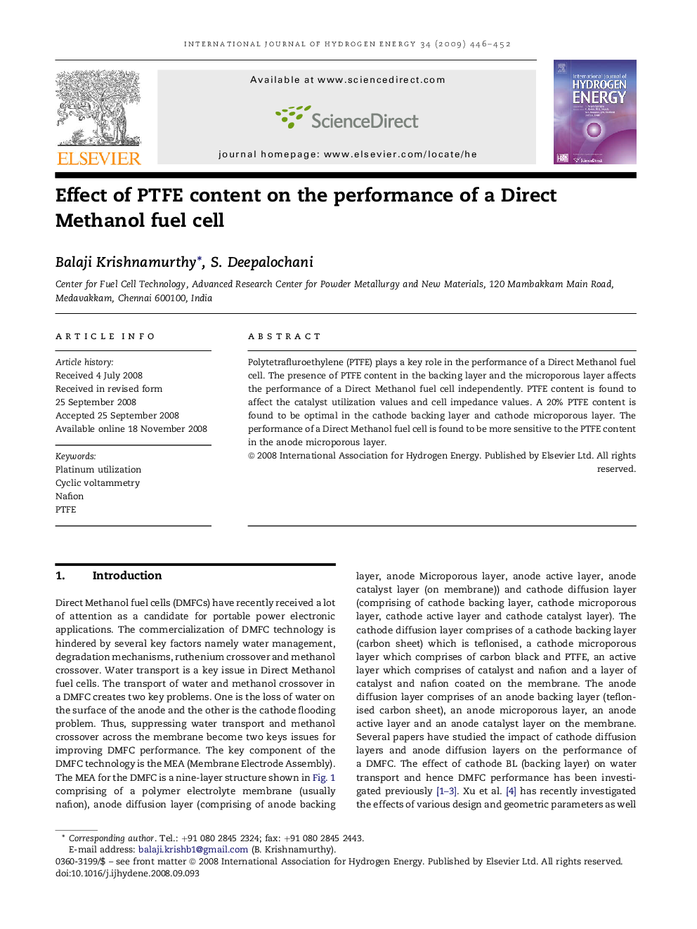 Effect of PTFE content on the performance of a Direct Methanol fuel cell