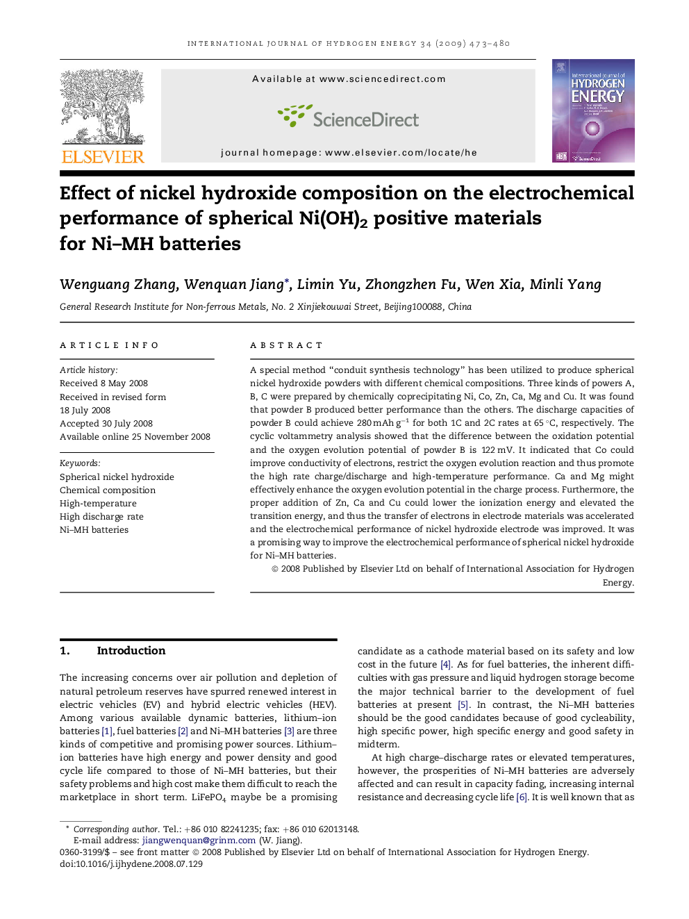 Effect of nickel hydroxide composition on the electrochemical performance of spherical Ni(OH)2 positive materials for Ni–MH batteries