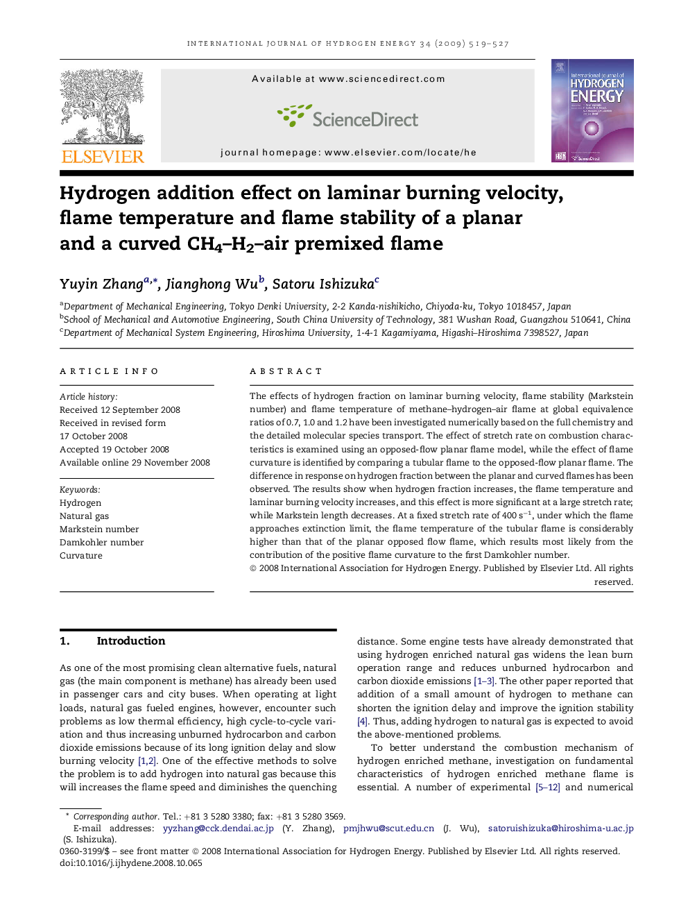 Hydrogen addition effect on laminar burning velocity, flame temperature and flame stability of a planar and a curved CH4–H2–air premixed flame