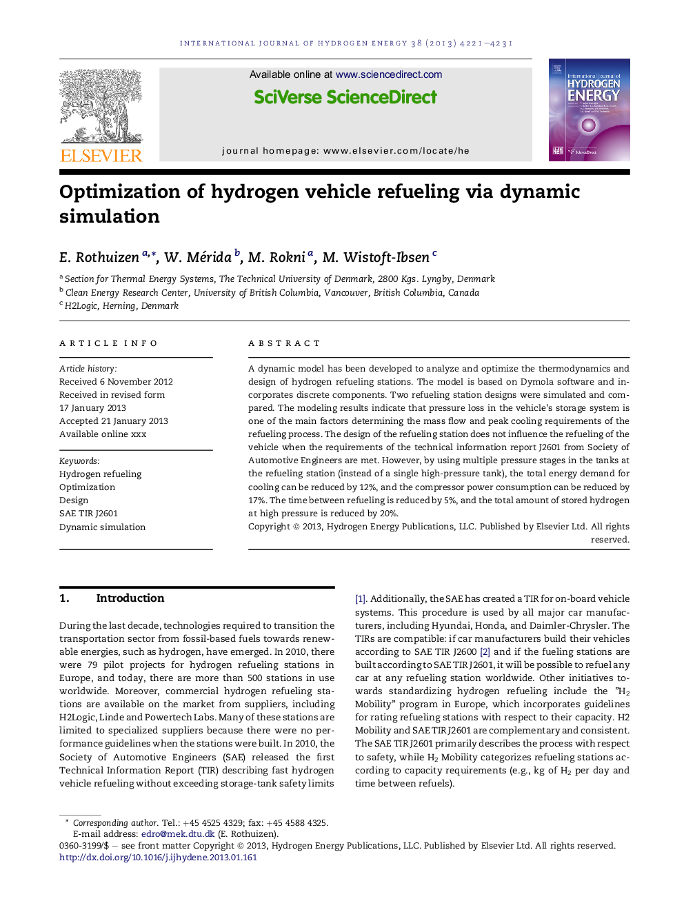 Optimization of hydrogen vehicle refueling via dynamic simulation