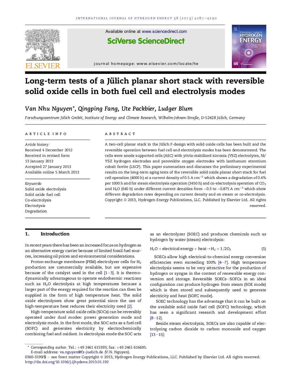 Long-term tests of a Jülich planar short stack with reversible solid oxide cells in both fuel cell and electrolysis modes