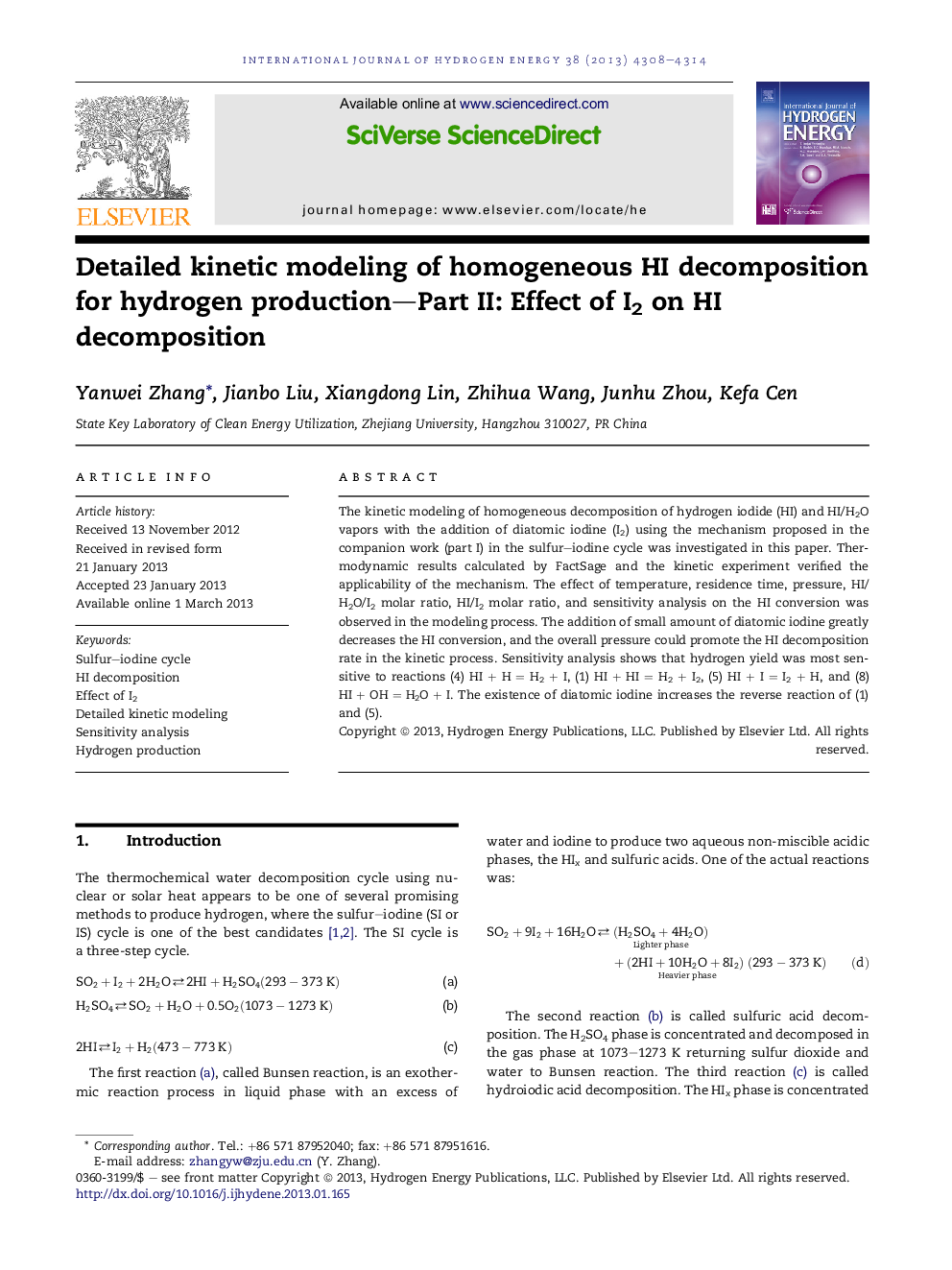 Detailed kinetic modeling of homogeneous HI decomposition for hydrogen production—Part II: Effect of I2 on HI decomposition