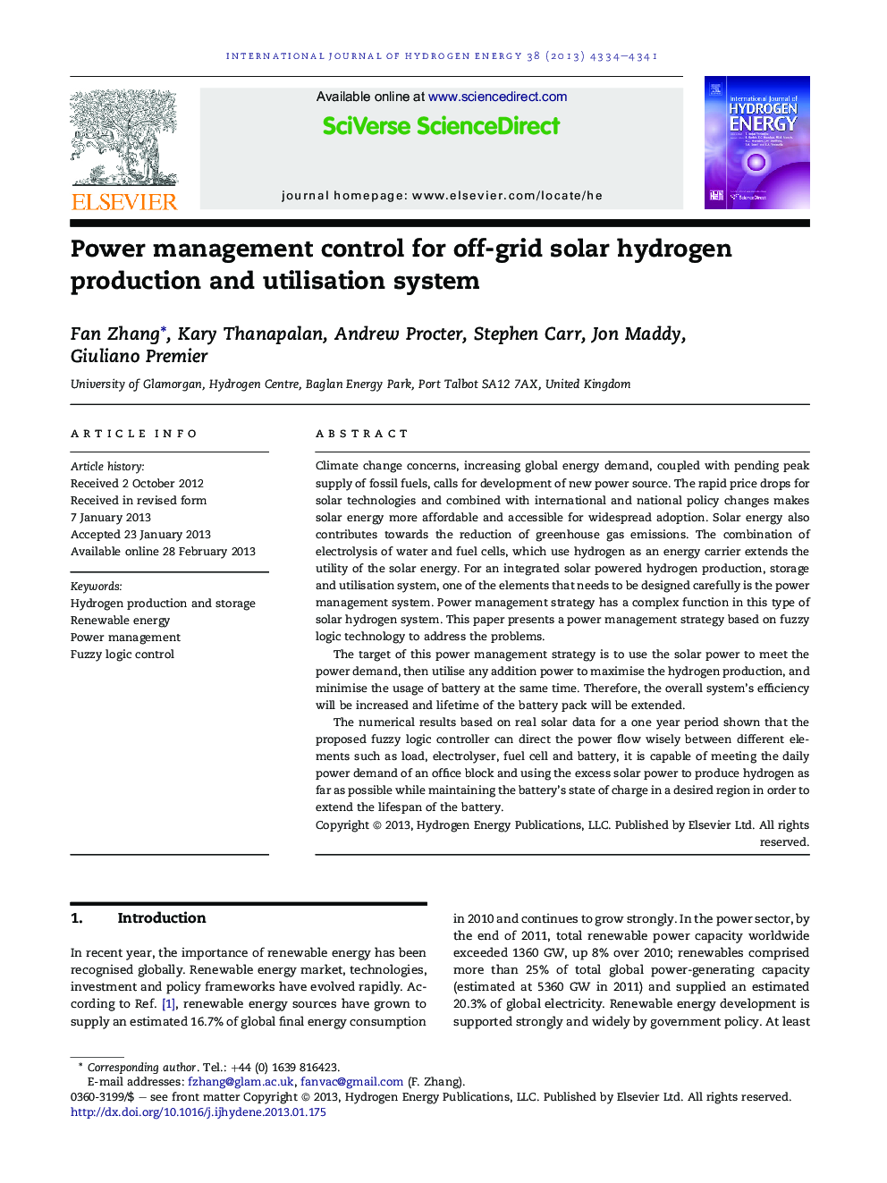 Power management control for off-grid solar hydrogen production and utilisation system