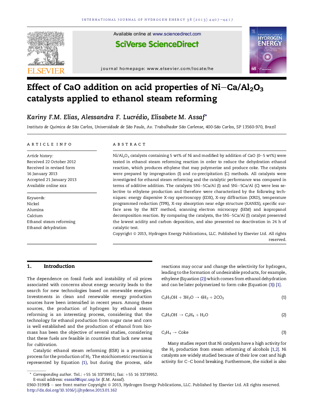 Effect of CaO addition on acid properties of Ni–Ca/Al2O3 catalysts applied to ethanol steam reforming