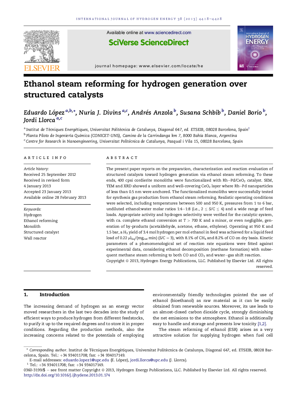 Ethanol steam reforming for hydrogen generation over structured catalysts