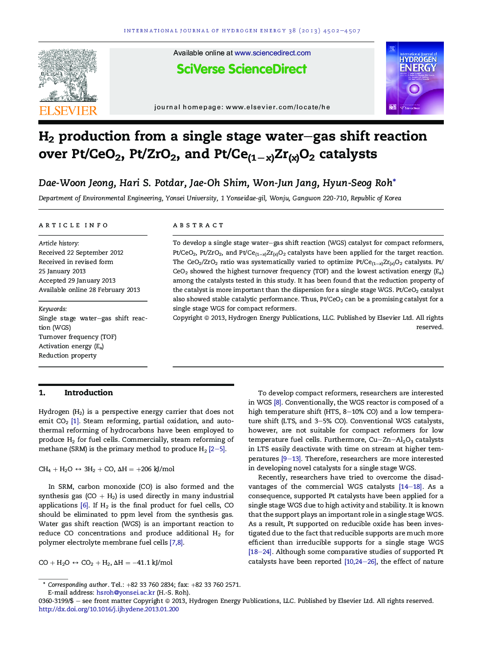 H2 production from a single stage water–gas shift reaction over Pt/CeO2, Pt/ZrO2, and Pt/Ce(1−x)Zr(x)O2 catalysts