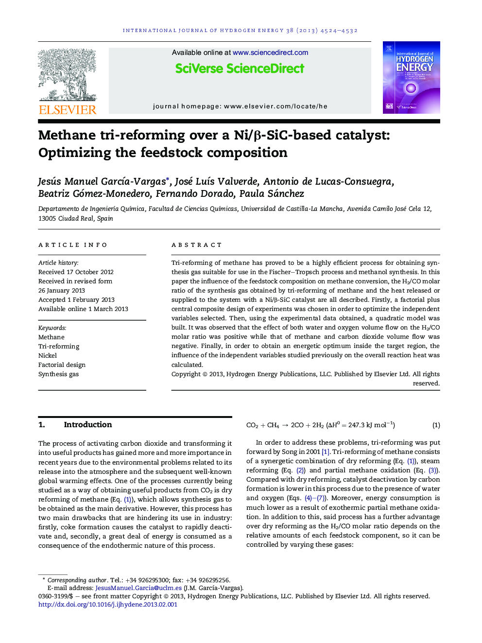 Methane tri-reforming over a Ni/β-SiC-based catalyst: Optimizing the feedstock composition