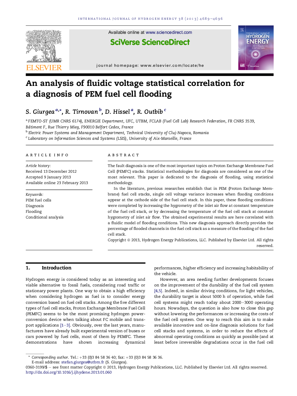 An analysis of fluidic voltage statistical correlation for a diagnosis of PEM fuel cell flooding