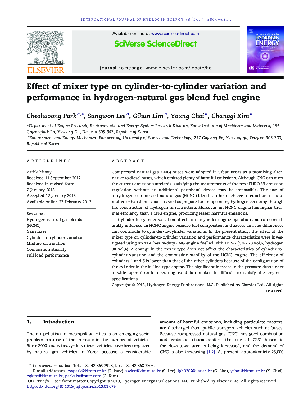 Effect of mixer type on cylinder-to-cylinder variation and performance in hydrogen-natural gas blend fuel engine