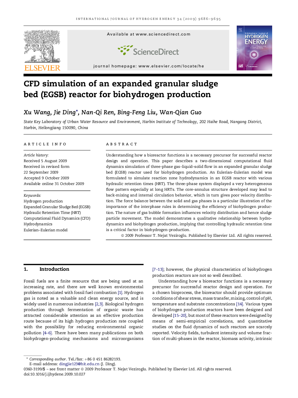 CFD simulation of an expanded granular sludge bed (EGSB) reactor for biohydrogen production