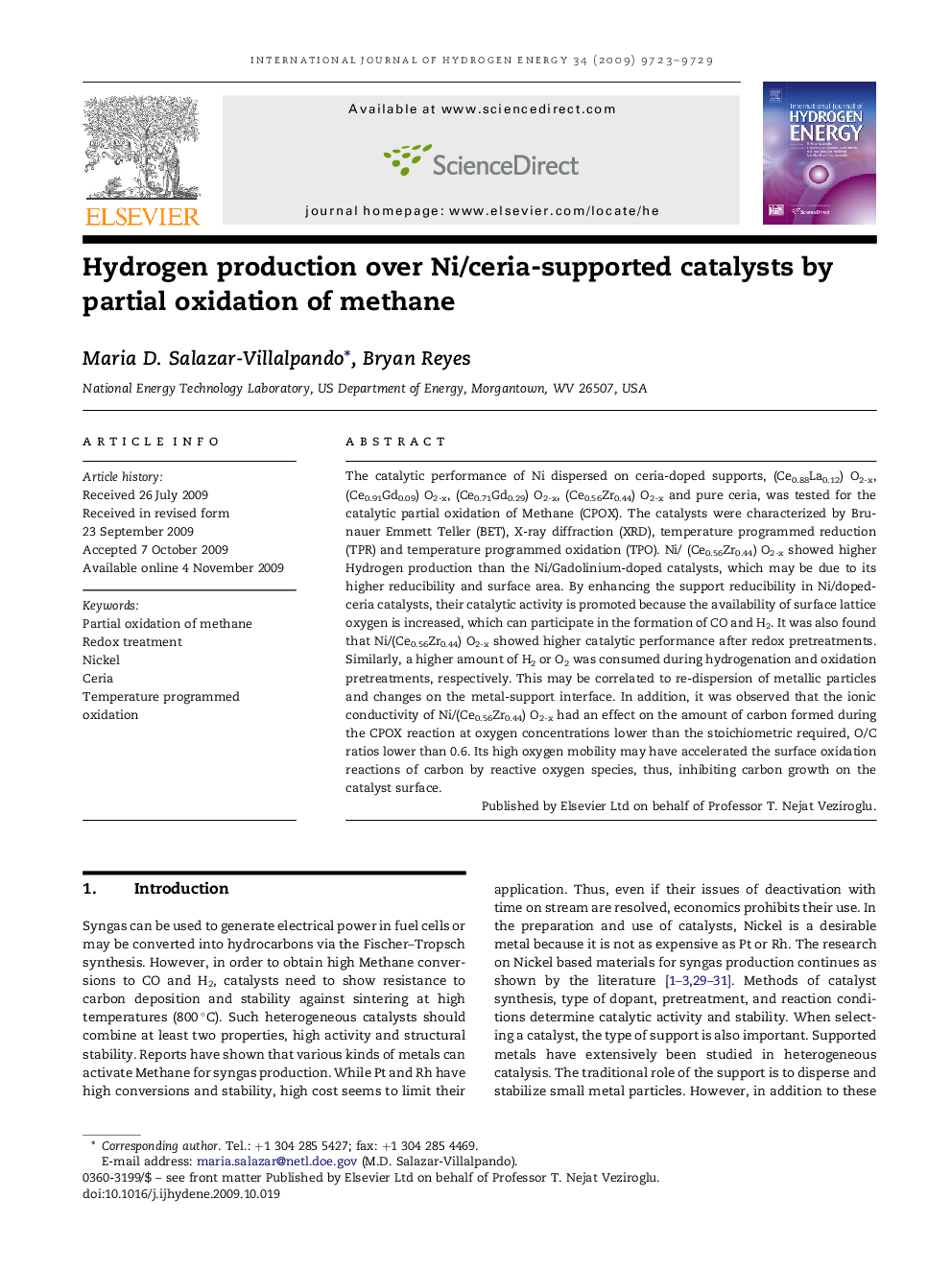 Hydrogen production over Ni/ceria-supported catalysts by partial oxidation of methane