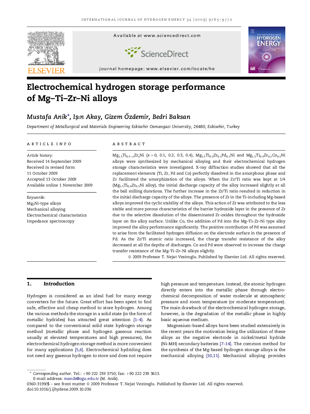 Electrochemical hydrogen storage performance of Mg–Ti–Zr–Ni alloys