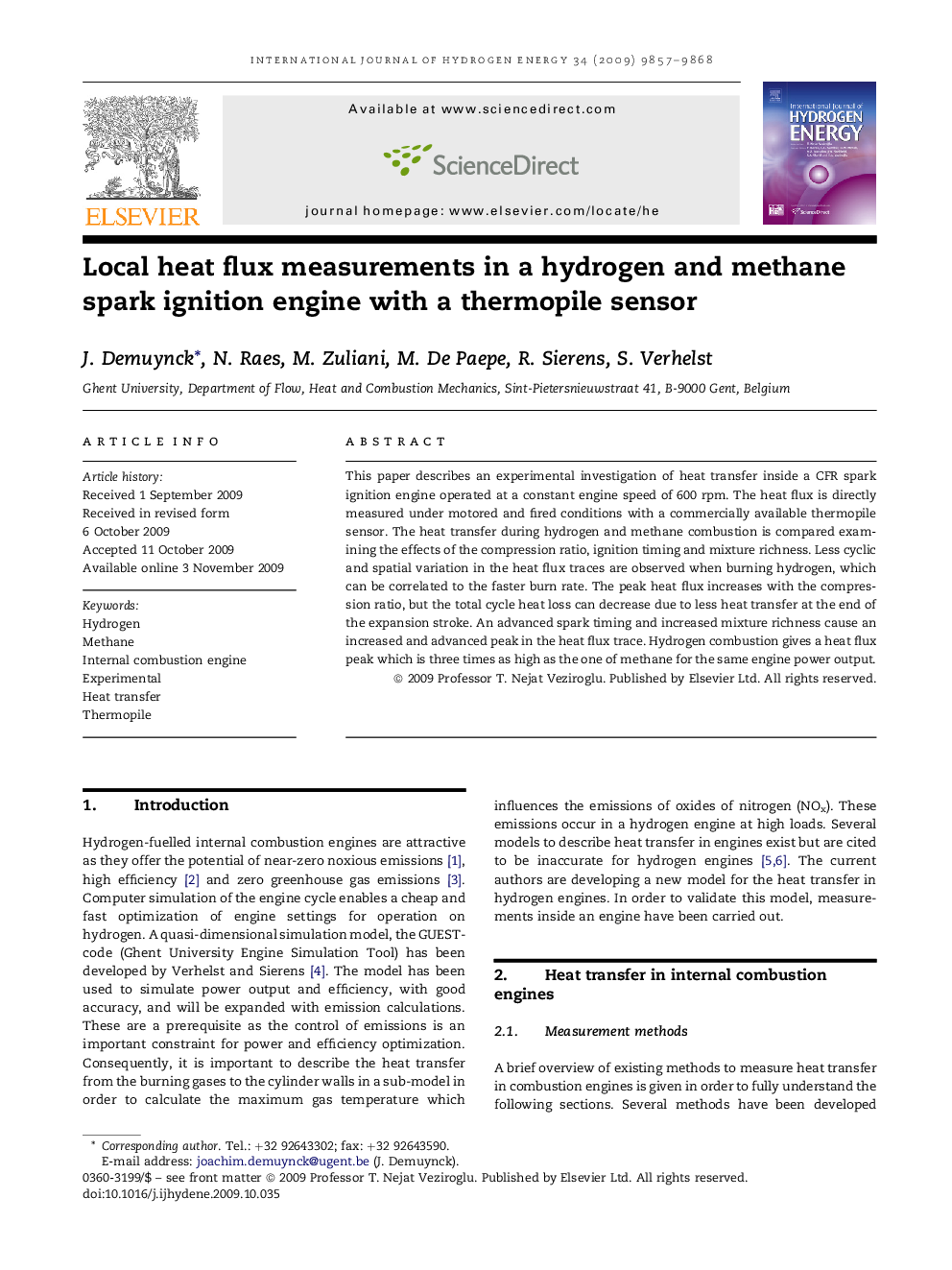 Local heat flux measurements in a hydrogen and methane spark ignition engine with a thermopile sensor