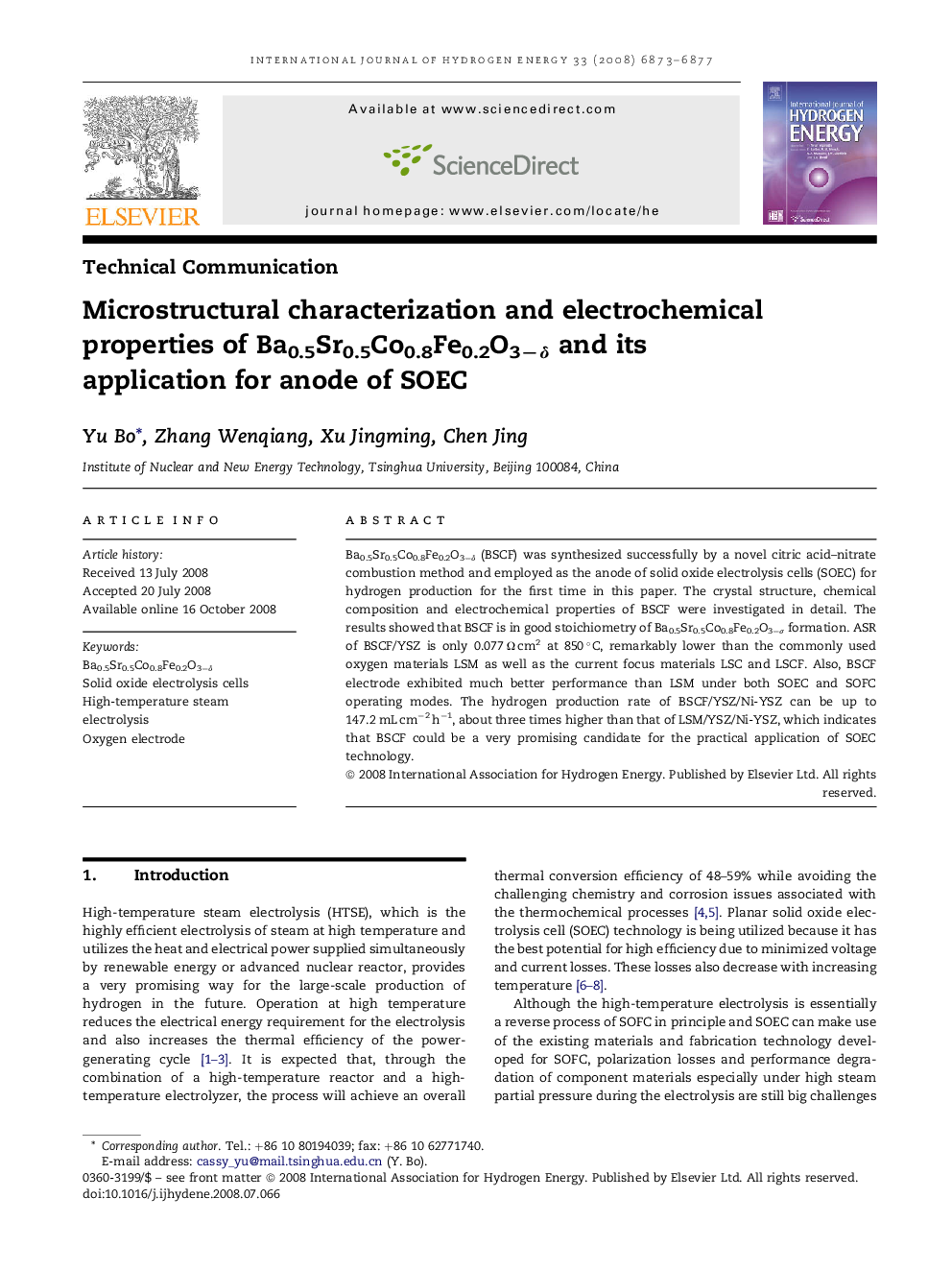 Microstructural characterization and electrochemical properties of Ba0.5Sr0.5Co0.8Fe0.2O3−δ and its application for anode of SOEC