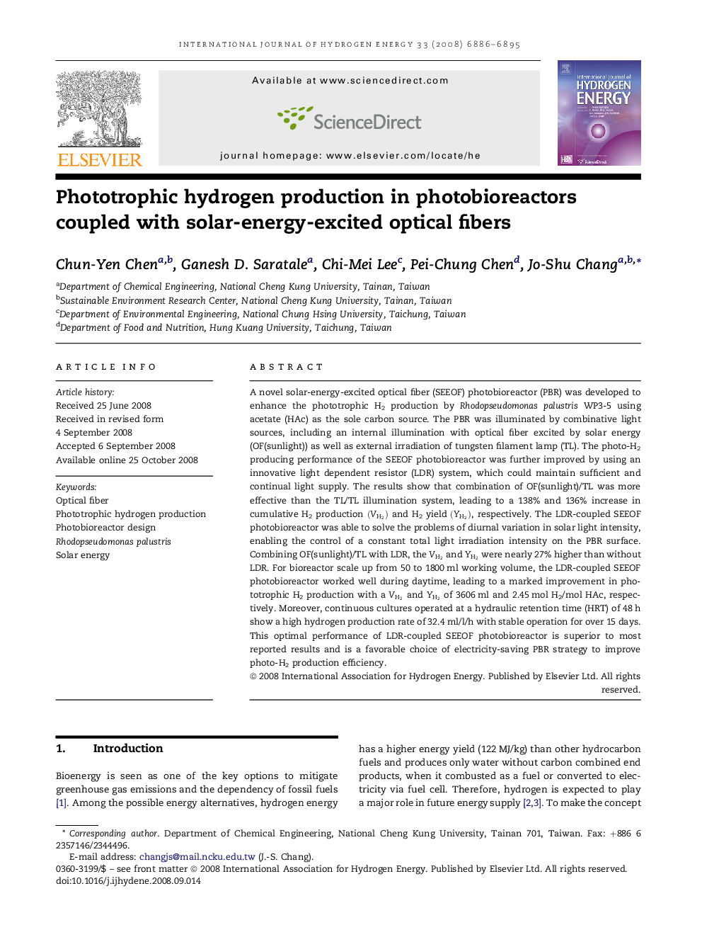 Phototrophic hydrogen production in photobioreactors coupled with solar-energy-excited optical fibers