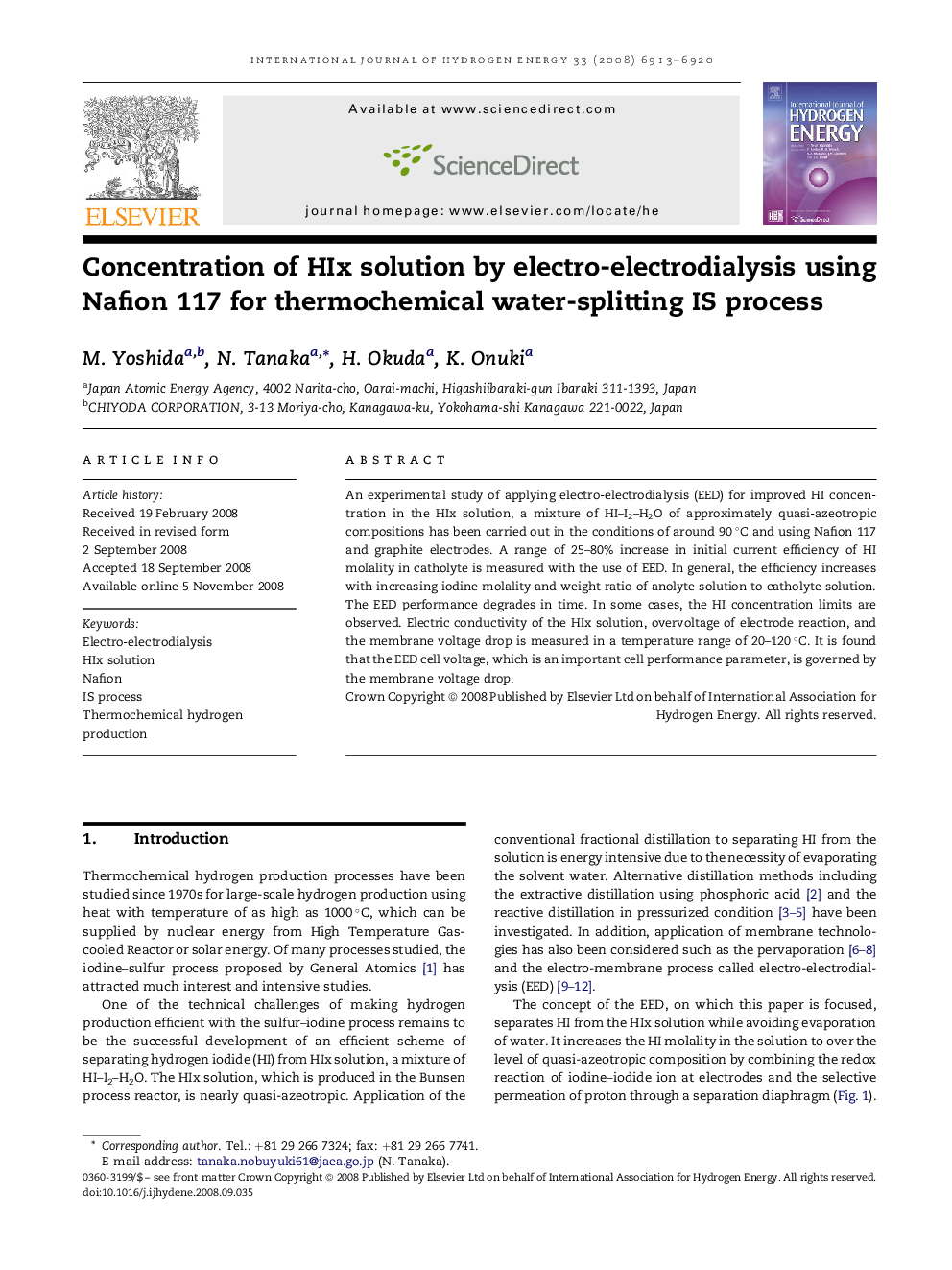 Concentration of HIx solution by electro-electrodialysis using Nafion 117 for thermochemical water-splitting IS process