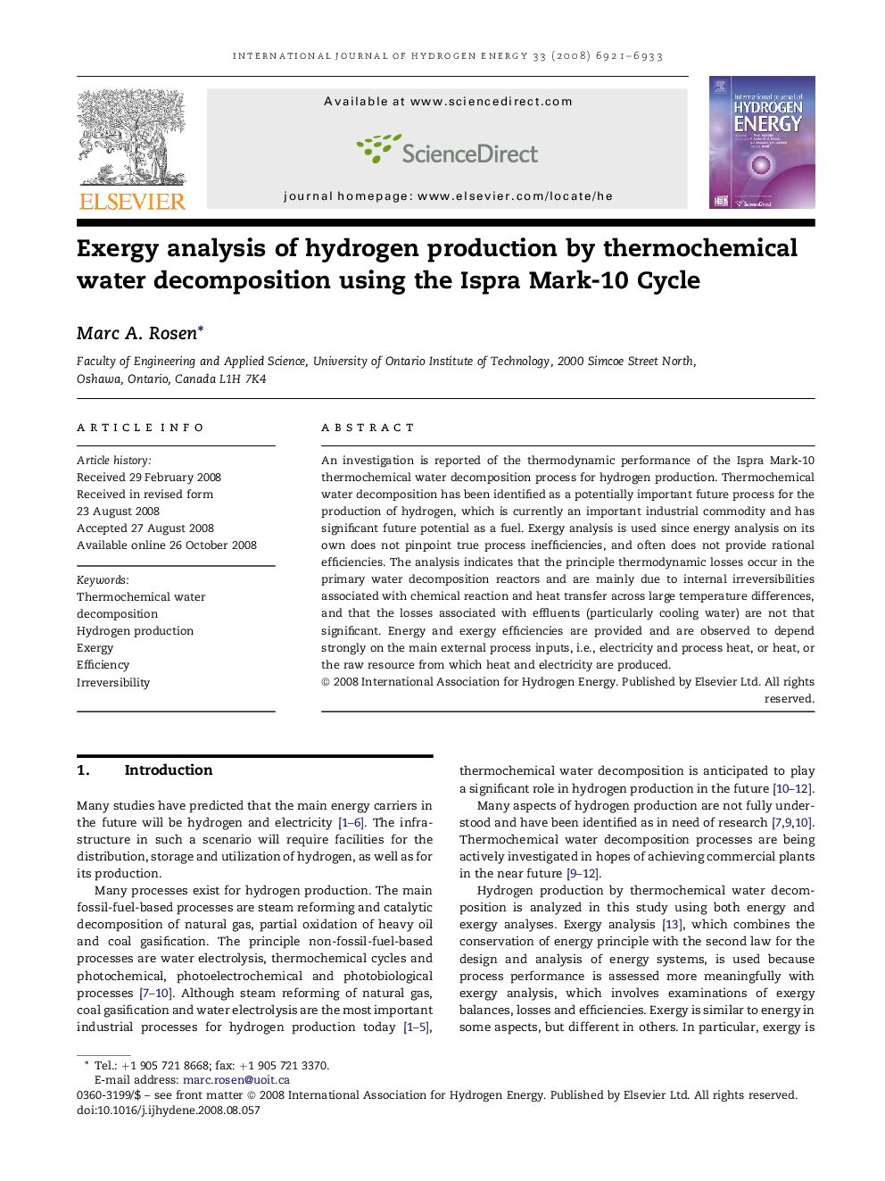 Exergy analysis of hydrogen production by thermochemical water decomposition using the Ispra Mark-10 Cycle