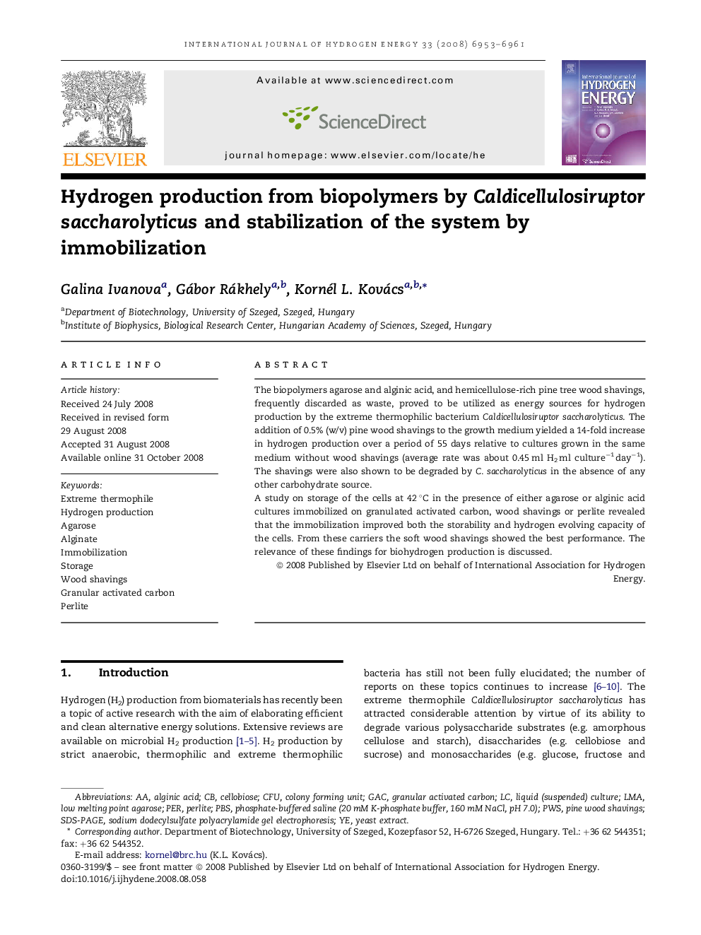 Hydrogen production from biopolymers by Caldicellulosiruptor saccharolyticus and stabilization of the system by immobilization