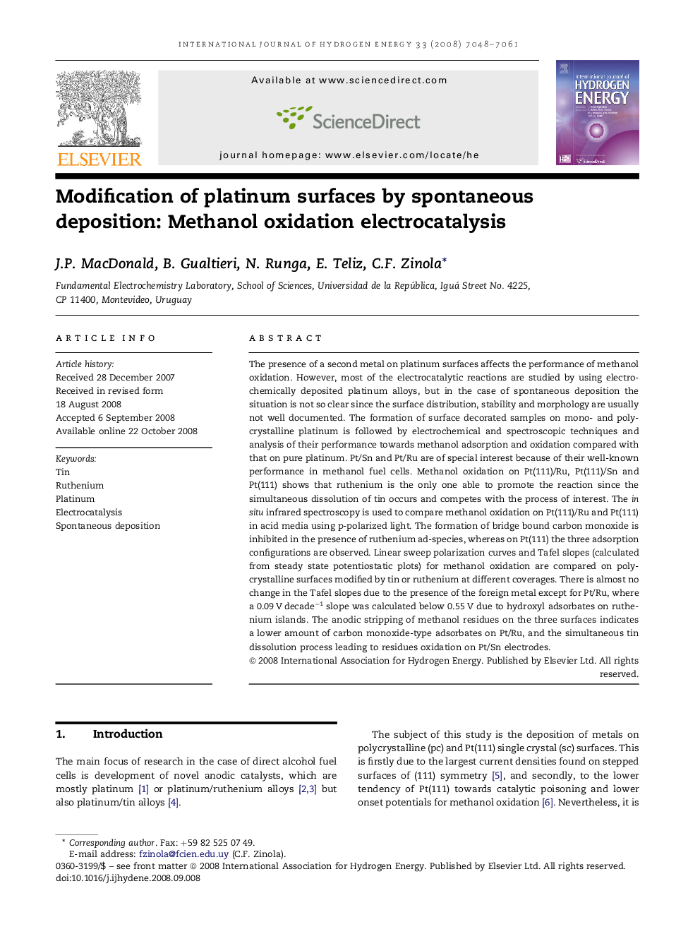 Modification of platinum surfaces by spontaneous deposition: Methanol oxidation electrocatalysis