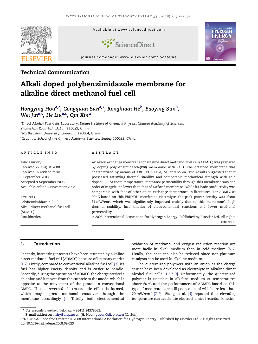 Alkali doped polybenzimidazole membrane for alkaline direct methanol fuel cell