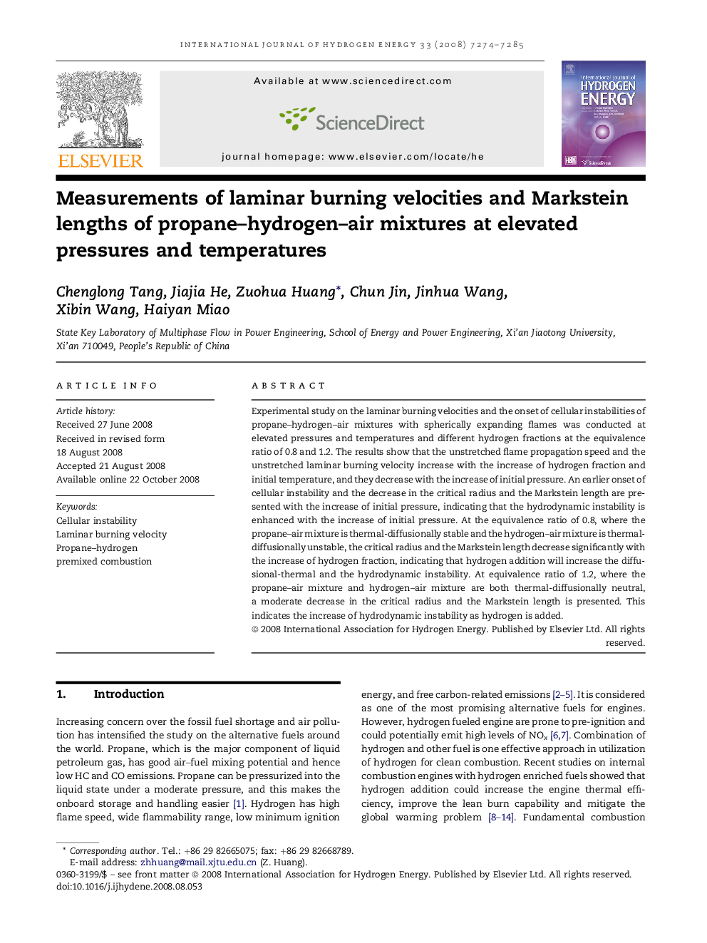 Measurements of laminar burning velocities and Markstein lengths of propane–hydrogen–air mixtures at elevated pressures and temperatures