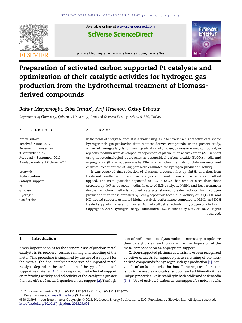 Preparation of activated carbon supported Pt catalysts and optimization of their catalytic activities for hydrogen gas production from the hydrothermal treatment of biomass-derived compounds