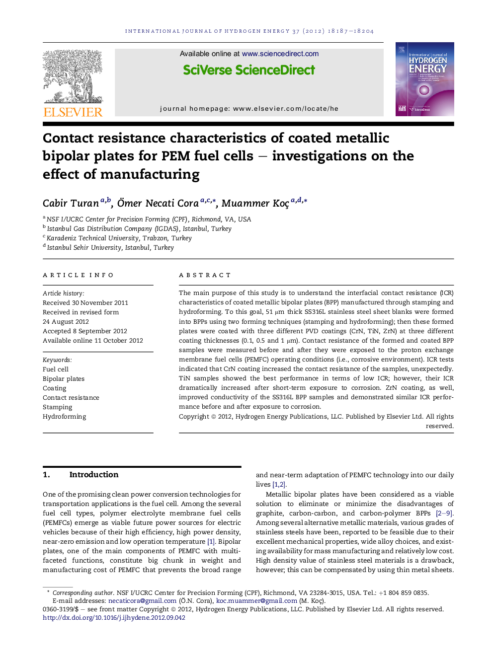 Contact resistance characteristics of coated metallic bipolar plates for PEM fuel cells – investigations on the effect of manufacturing