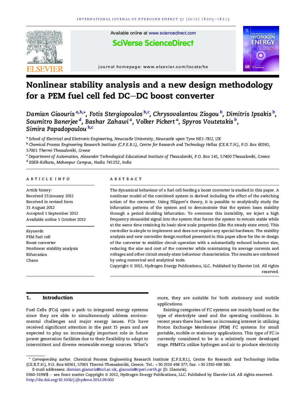 Nonlinear stability analysis and a new design methodology for a PEM fuel cell fed DC–DC boost converter