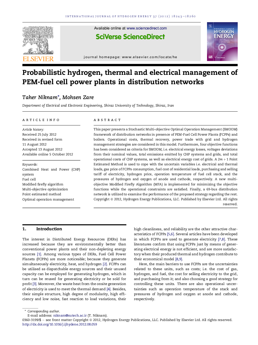 Probabilistic hydrogen, thermal and electrical management of PEM-fuel cell power plants in distribution networks