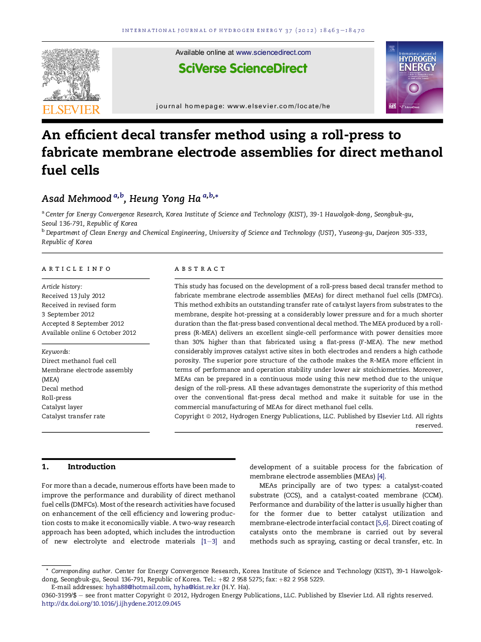 An efficient decal transfer method using a roll-press to fabricate membrane electrode assemblies for direct methanol fuel cells