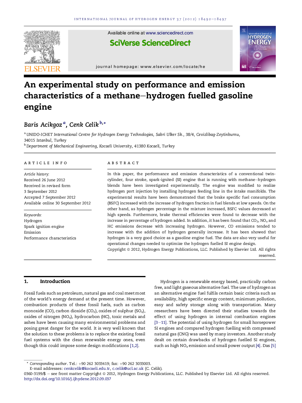 An experimental study on performance and emission characteristics of a methane–hydrogen fuelled gasoline engine