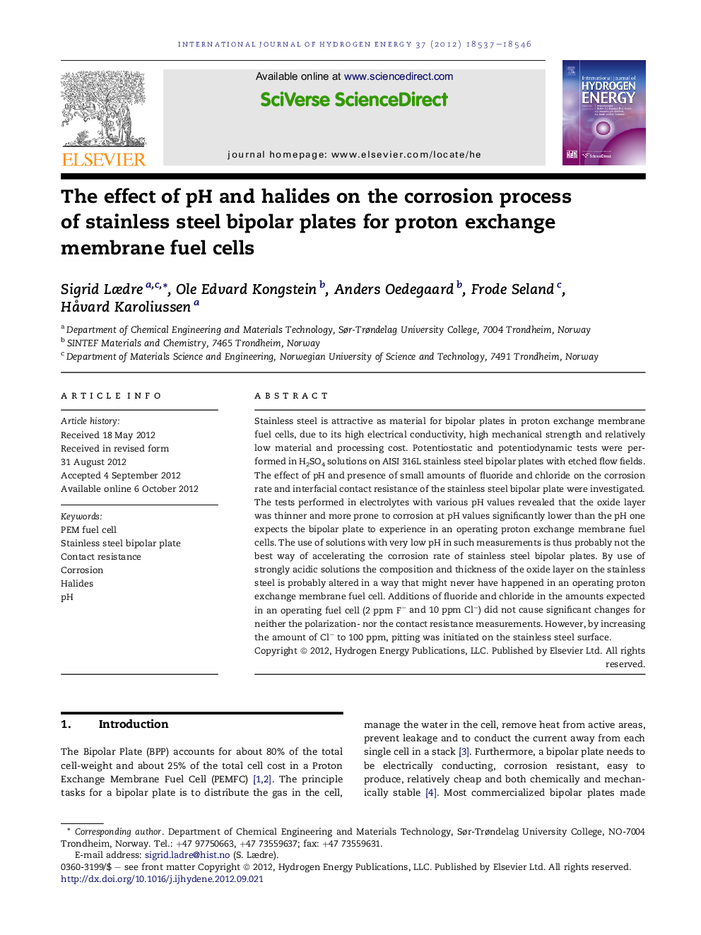 The effect of pH and halides on the corrosion process of stainless steel bipolar plates for proton exchange membrane fuel cells