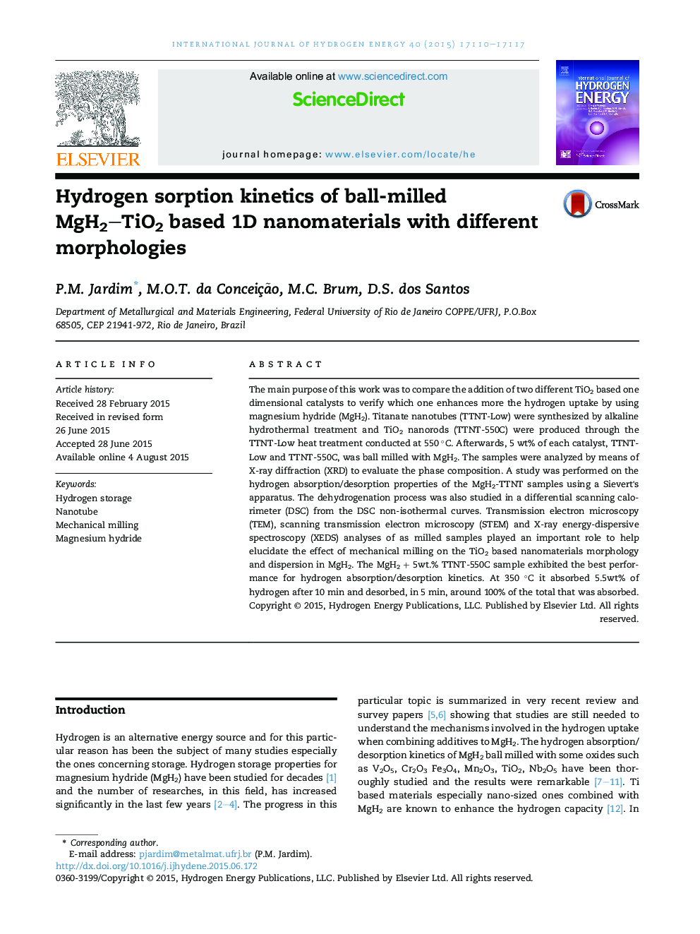 Hydrogen sorption kinetics of ball-milled MgH2–TiO2 based 1D nanomaterials with different morphologies