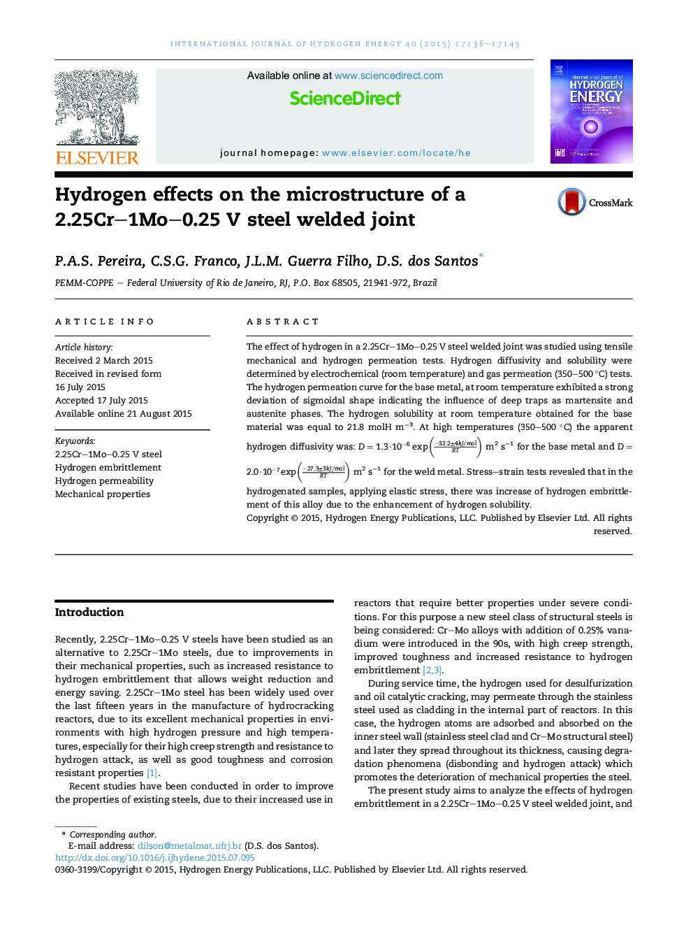 Hydrogen effects on the microstructure of a 2.25Cr–1Mo–0.25 V steel welded joint