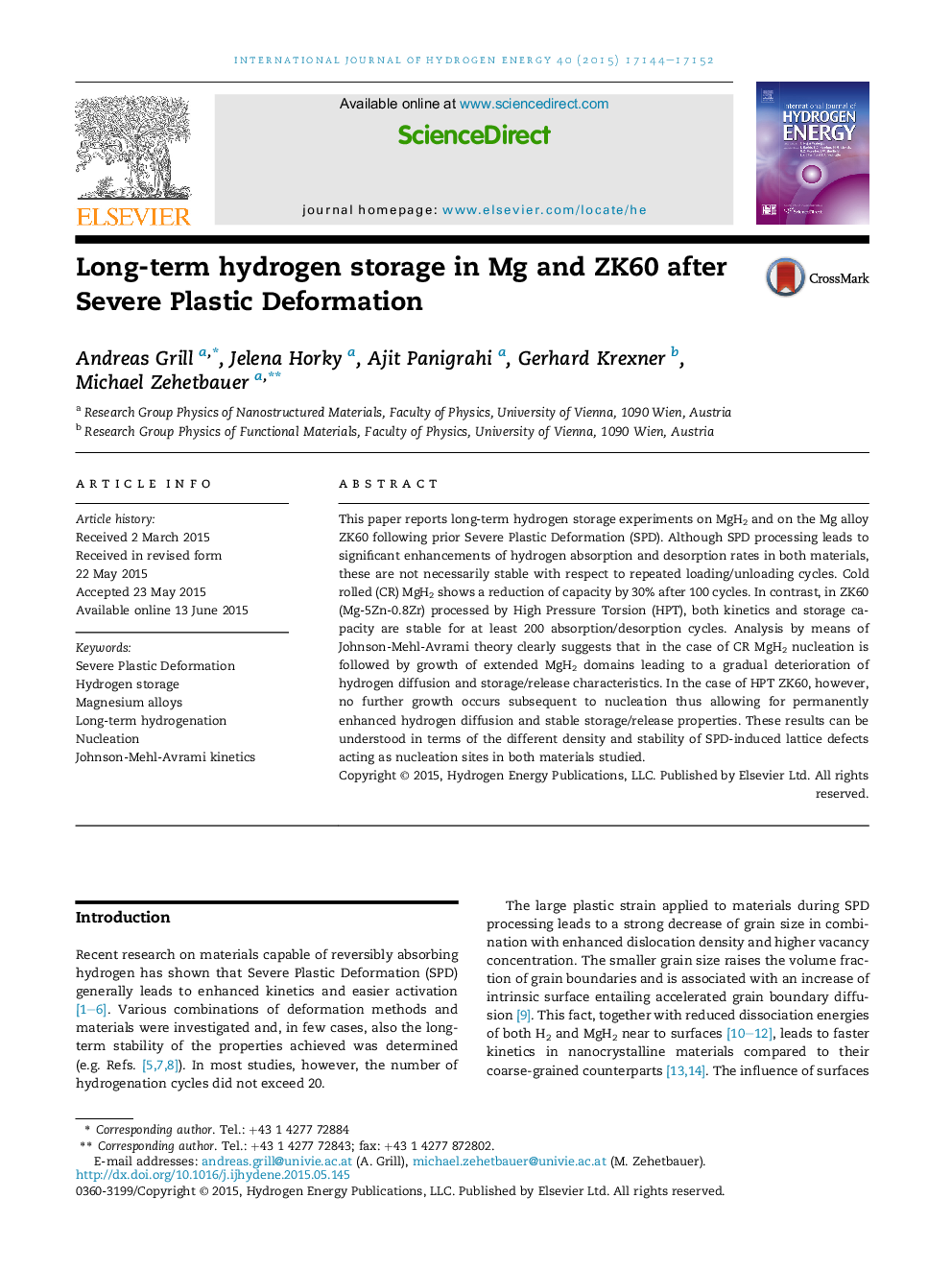 Long-term hydrogen storage in Mg and ZK60 after Severe Plastic Deformation