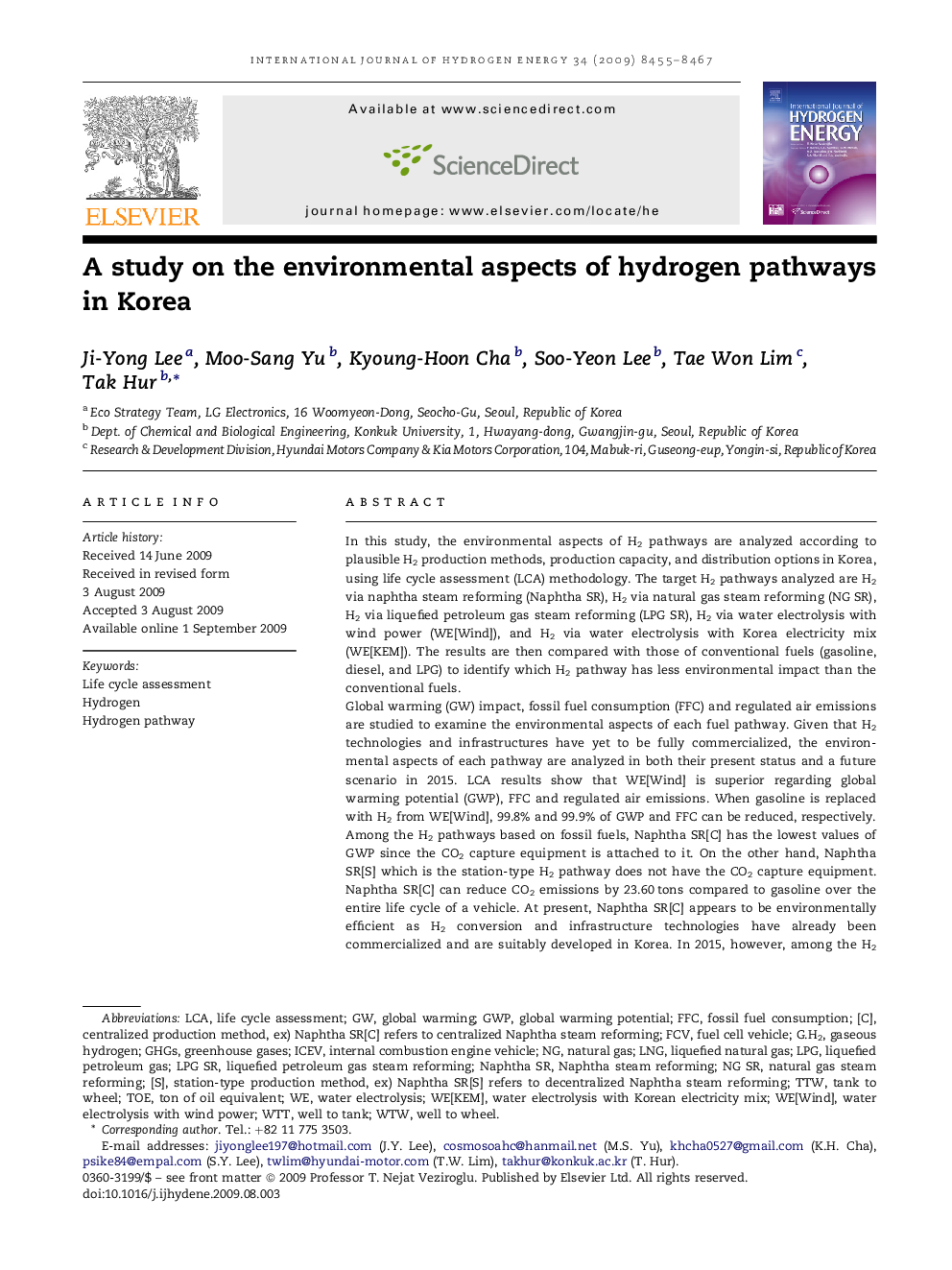 A study on the environmental aspects of hydrogen pathways in Korea