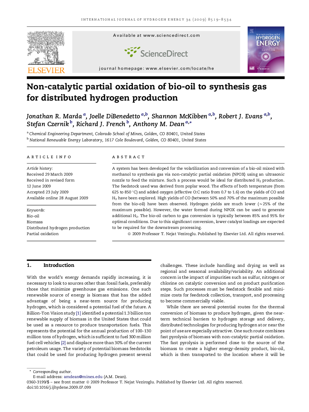 Non-catalytic partial oxidation of bio-oil to synthesis gas for distributed hydrogen production