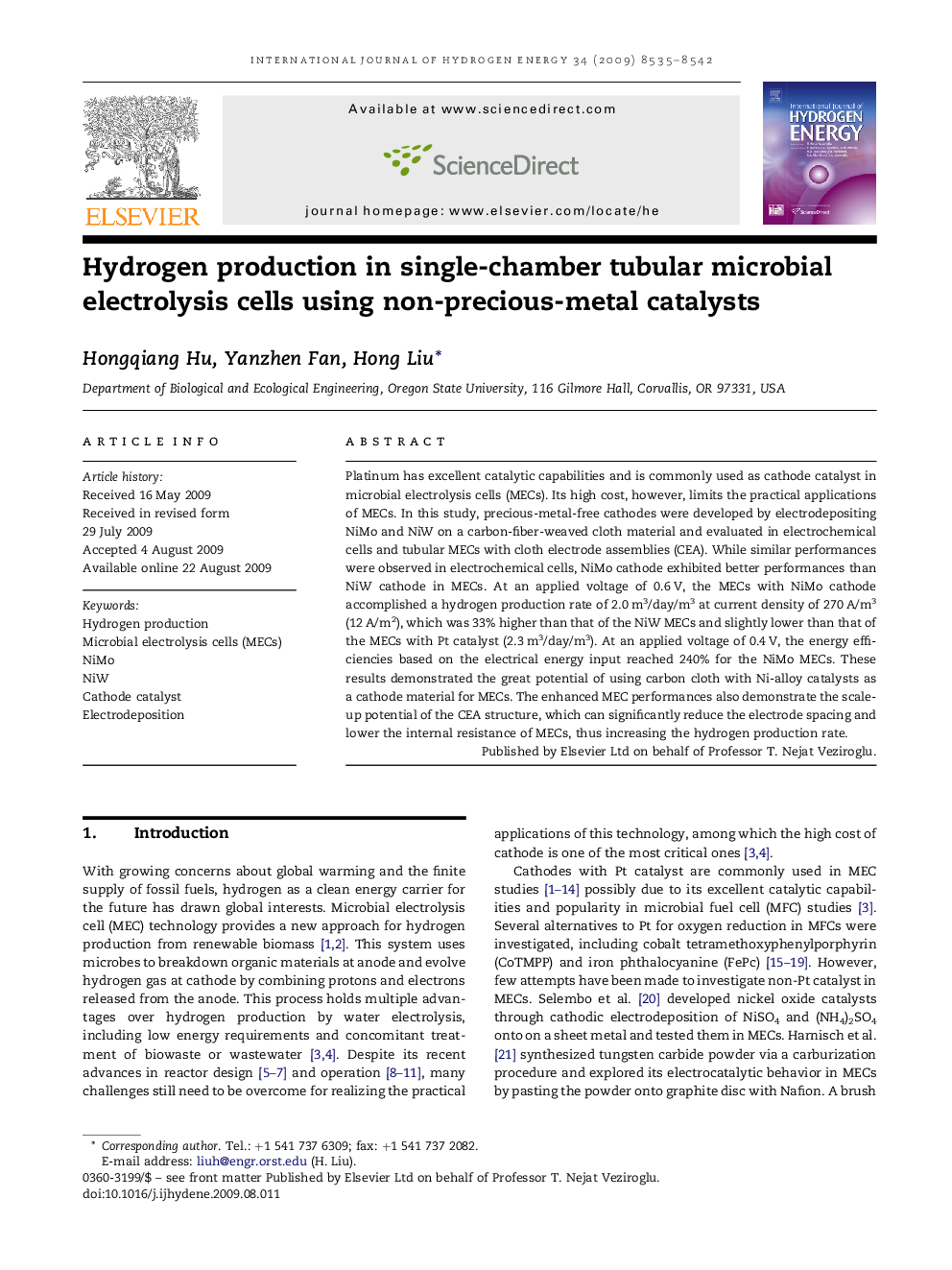 Hydrogen production in single-chamber tubular microbial electrolysis cells using non-precious-metal catalysts