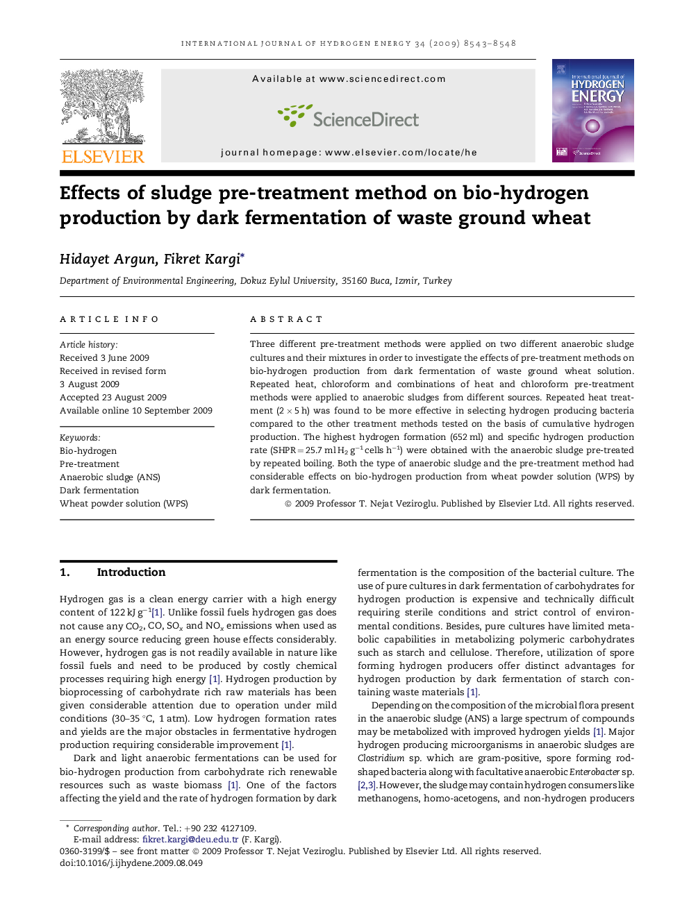 Effects of sludge pre-treatment method on bio-hydrogen production by dark fermentation of waste ground wheat