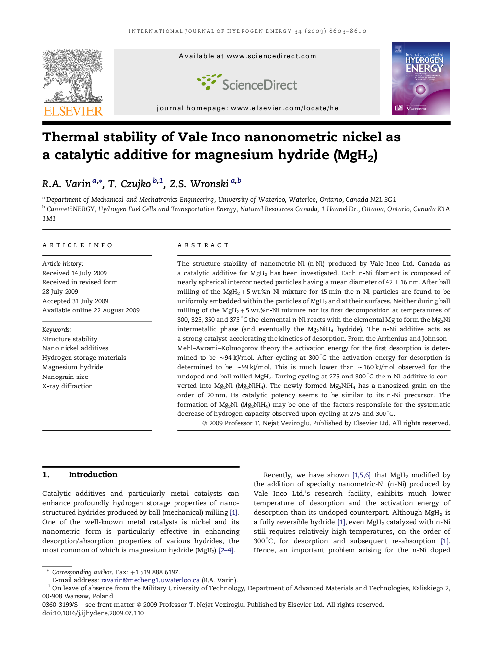 Thermal stability of Vale Inco nanonometric nickel as a catalytic additive for magnesium hydride (MgH2)