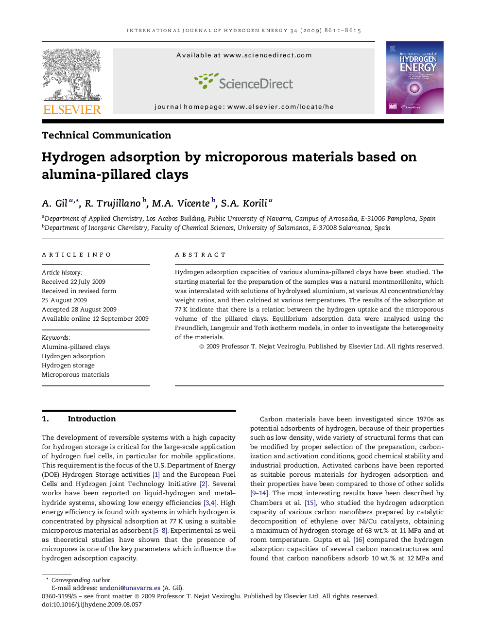 Hydrogen adsorption by microporous materials based on alumina-pillared clays