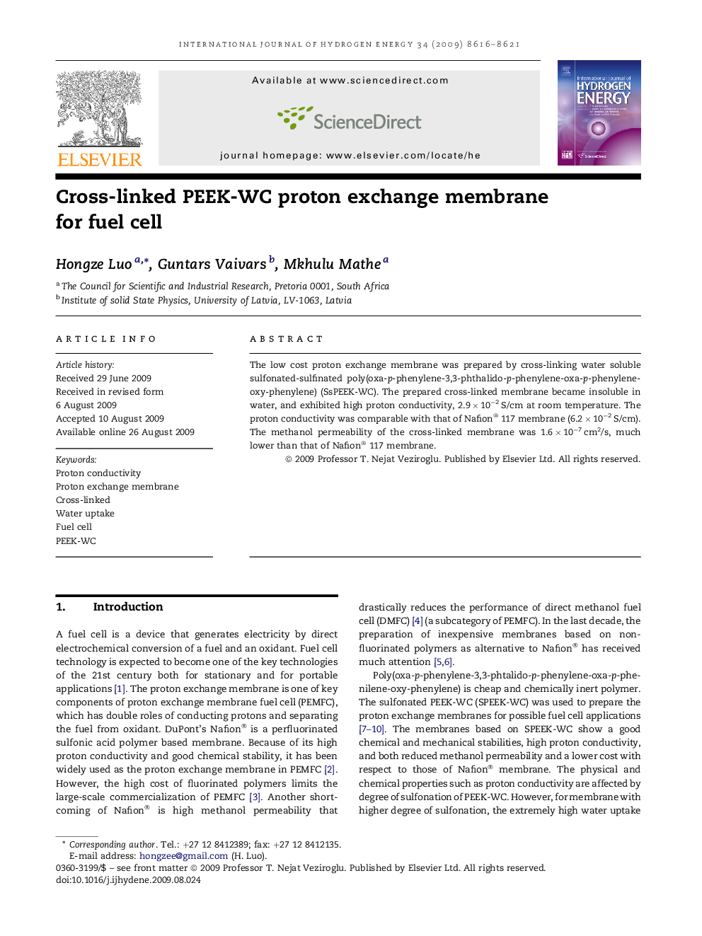 Cross-linked PEEK-WC proton exchange membrane for fuel cell